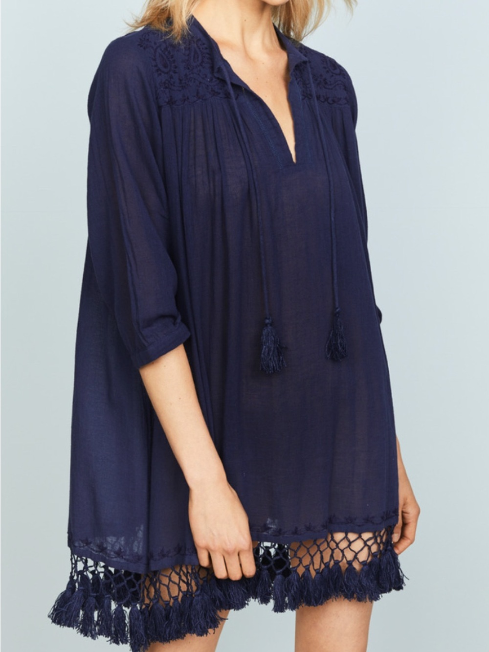 Roller RabbitNavy Tassel Pom Hem Peasant Tunic Coverup Size S
